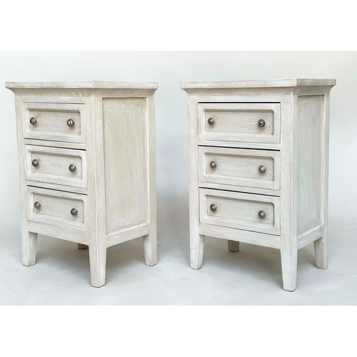 100 - BEDSIDE CHESTS, a pair, French style traditionally grey painted, each with three drawers, 43cm x 65c... 