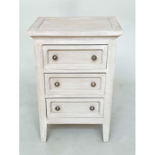 100 - BEDSIDE CHESTS, a pair, French style traditionally grey painted, each with three drawers, 43cm x 65c... 