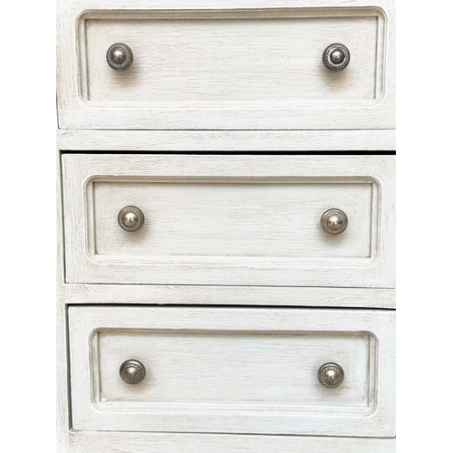 100 - BEDSIDE CHESTS, a pair, French style traditionally grey painted, each with three drawers, 43cm x 65c... 