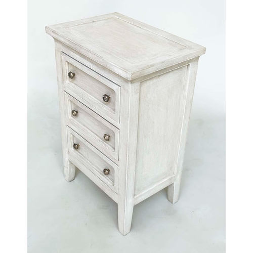 100 - BEDSIDE CHESTS, a pair, French style traditionally grey painted, each with three drawers, 43cm x 65c... 