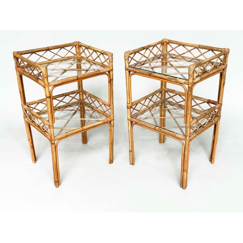 101 - LAMP TABLES, a pair, vintage rattan, bamboo and cane bound, each with two glazed shelves and gallery... 