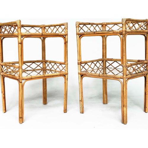 101 - LAMP TABLES, a pair, vintage rattan, bamboo and cane bound, each with two glazed shelves and gallery... 