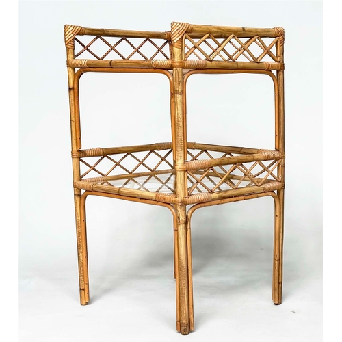 101 - LAMP TABLES, a pair, vintage rattan, bamboo and cane bound, each with two glazed shelves and gallery... 