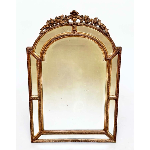 103 - WALL MIRROR, 19th century French giltwood and gesso moulded arched with marginal plates and foliate ... 