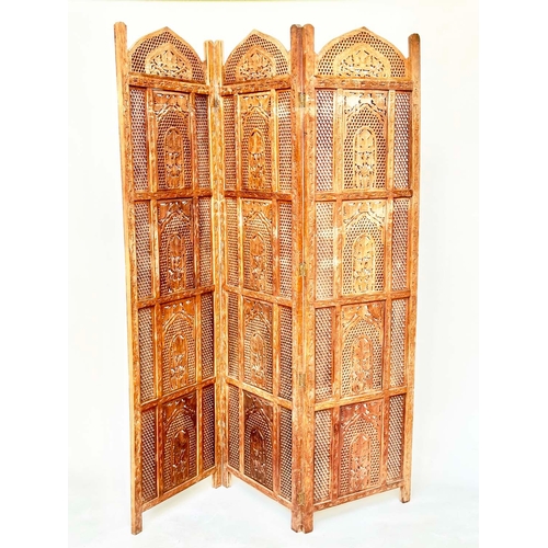 108 - INDIAN SCREEN, vintage three-panel hand carved teak intricately pierced, each panel 183cm H x 51cm W... 