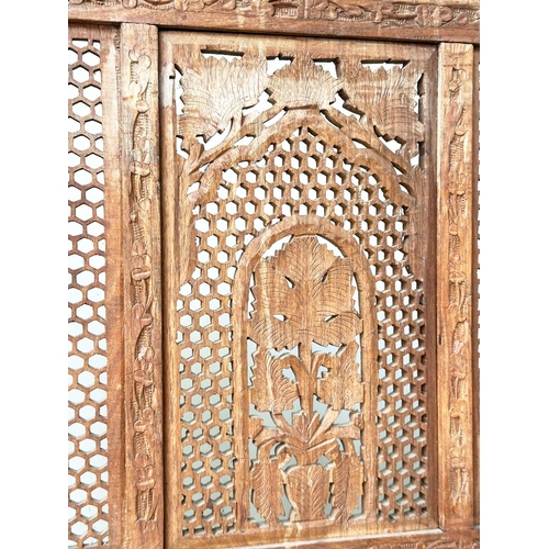 108 - INDIAN SCREEN, vintage three-panel hand carved teak intricately pierced, each panel 183cm H x 51cm W... 