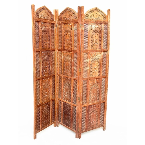 108 - INDIAN SCREEN, vintage three-panel hand carved teak intricately pierced, each panel 183cm H x 51cm W... 