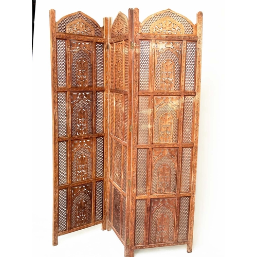 108 - INDIAN SCREEN, vintage three-panel hand carved teak intricately pierced, each panel 183cm H x 51cm W... 