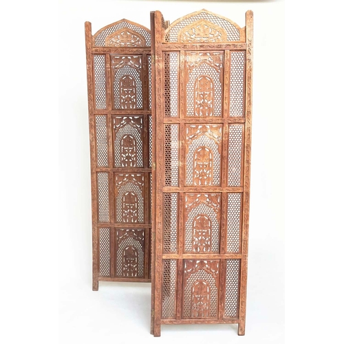 108 - INDIAN SCREEN, vintage three-panel hand carved teak intricately pierced, each panel 183cm H x 51cm W... 