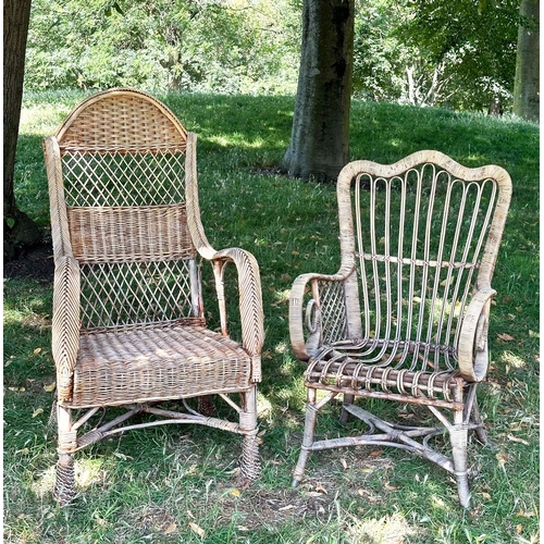 110 - CONSERVATORY ARMCHAIRS, comprising a 1930s vintage bamboo rattan and cane bound, retailed by 'Maple ... 