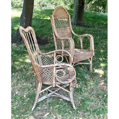 110 - CONSERVATORY ARMCHAIRS, comprising a 1930s vintage bamboo rattan and cane bound, retailed by 'Maple ... 