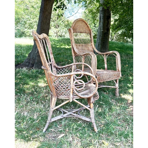 110 - CONSERVATORY ARMCHAIRS, comprising a 1930s vintage bamboo rattan and cane bound, retailed by 'Maple ... 