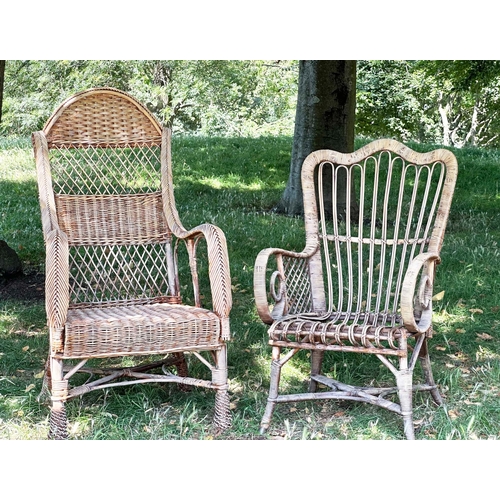 110 - CONSERVATORY ARMCHAIRS, comprising a 1930s vintage bamboo rattan and cane bound, retailed by 'Maple ... 