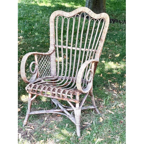 110 - CONSERVATORY ARMCHAIRS, comprising a 1930s vintage bamboo rattan and cane bound, retailed by 'Maple ... 