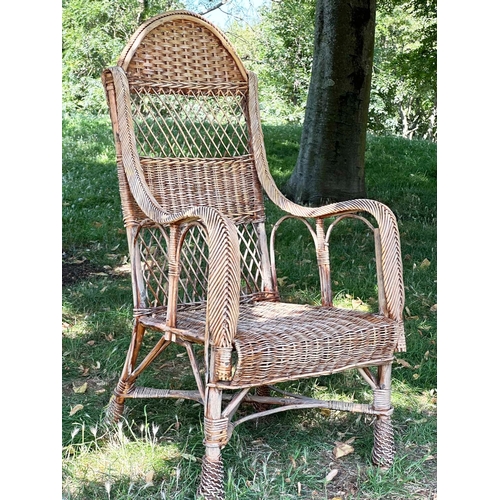 110 - CONSERVATORY ARMCHAIRS, comprising a 1930s vintage bamboo rattan and cane bound, retailed by 'Maple ... 