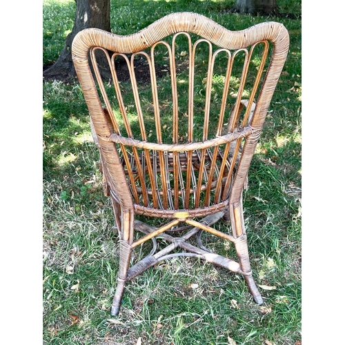 110 - CONSERVATORY ARMCHAIRS, comprising a 1930s vintage bamboo rattan and cane bound, retailed by 'Maple ... 