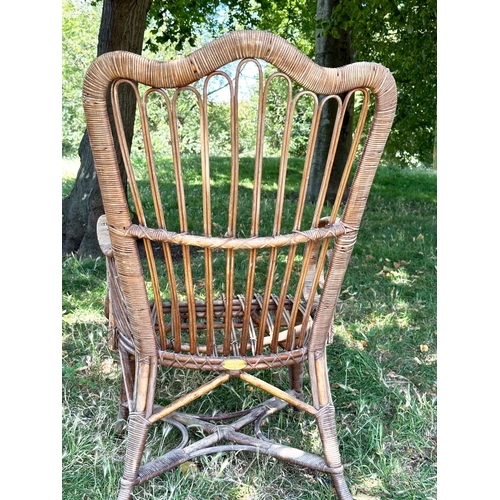 110 - CONSERVATORY ARMCHAIRS, comprising a 1930s vintage bamboo rattan and cane bound, retailed by 'Maple ... 