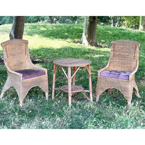 112 - CONSERVATORY GARDEN TERRACE CHAIRS, a pair, rattan and close woven with roll tops and button upholst... 