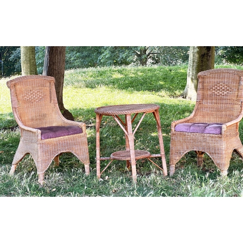 112 - CONSERVATORY GARDEN TERRACE CHAIRS, a pair, rattan and close woven with roll tops and button upholst... 