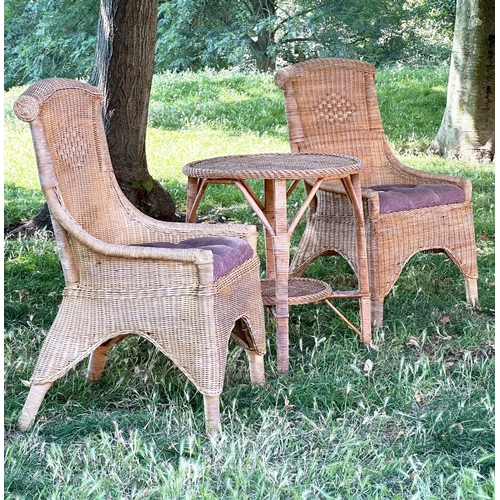 112 - CONSERVATORY GARDEN TERRACE CHAIRS, a pair, rattan and close woven with roll tops and button upholst... 