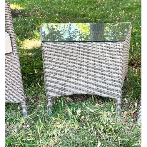 115 - GARDEN TERRACE BY 'NOTCUTTS', a pair, all weather woven cane with two armchairs and glass topped tab... 