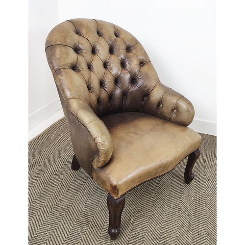 122 - LIBRARY CHAIR, Victorian style in faded tan leather, 90cm H x 68cm W x 80cm D.