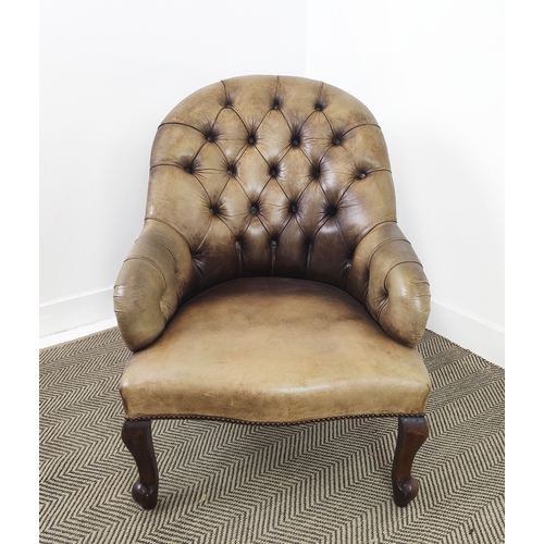 122 - LIBRARY CHAIR, Victorian style in faded tan leather, 90cm H x 68cm W x 80cm D.