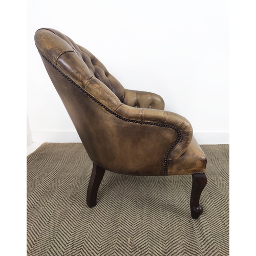 122 - LIBRARY CHAIR, Victorian style in faded tan leather, 90cm H x 68cm W x 80cm D.