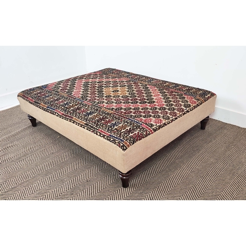 123 - HEARTH STOOL, rectangular fawn and carpet upholstered, 32cm H x 124cm W x 102cm D.