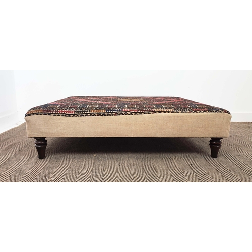 123 - HEARTH STOOL, rectangular fawn and carpet upholstered, 32cm H x 124cm W x 102cm D.