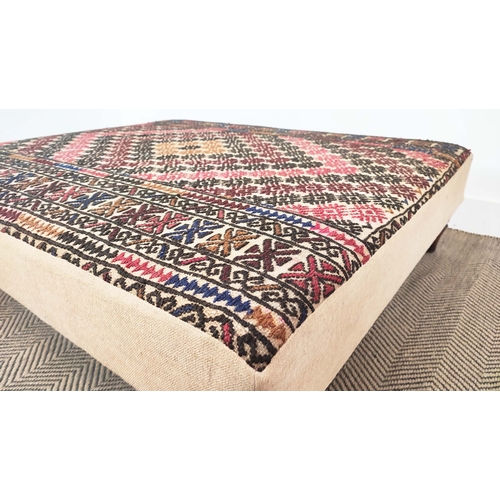 123 - HEARTH STOOL, rectangular fawn and carpet upholstered, 32cm H x 124cm W x 102cm D.