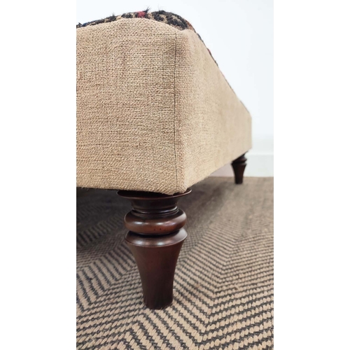 123 - HEARTH STOOL, rectangular fawn and carpet upholstered, 32cm H x 124cm W x 102cm D.