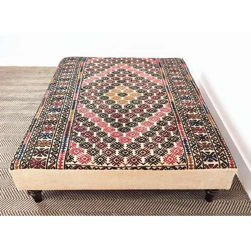 123 - HEARTH STOOL, rectangular fawn and carpet upholstered, 32cm H x 124cm W x 102cm D.