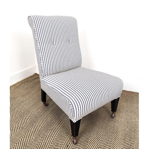 124 - SLIPPER CHAIR, Edwardian ebonised in new blue and white ticking on ceramic castors, 78cm H x 51cm W ... 