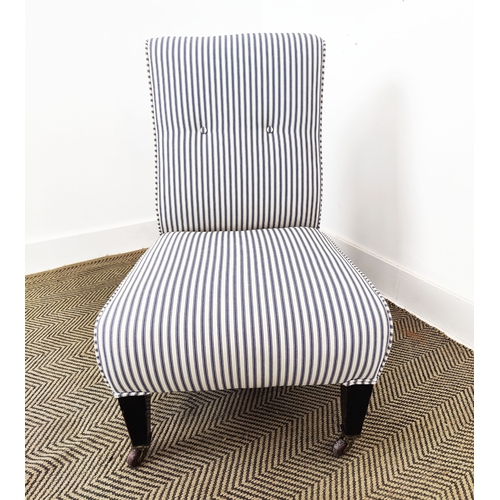 124 - SLIPPER CHAIR, Edwardian ebonised in new blue and white ticking on ceramic castors, 78cm H x 51cm W ... 