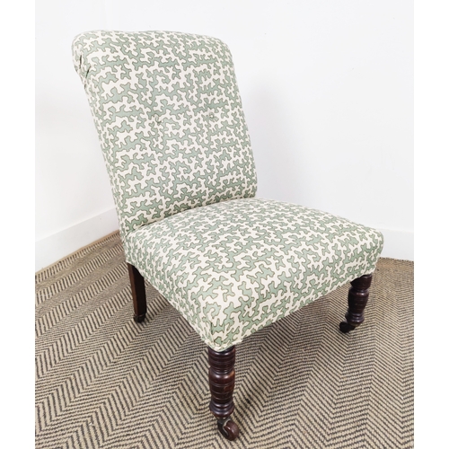 125 - SLIPPER CHAIR, Victorian in green patterned Colefax and Fowler fabric on ceramic castors, 80cm H x 5... 