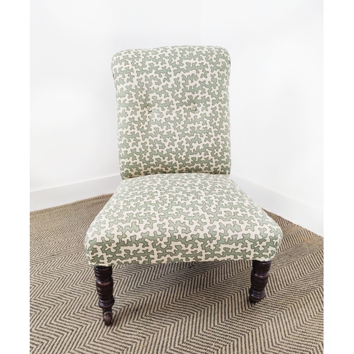 125 - SLIPPER CHAIR, Victorian in green patterned Colefax and Fowler fabric on ceramic castors, 80cm H x 5... 