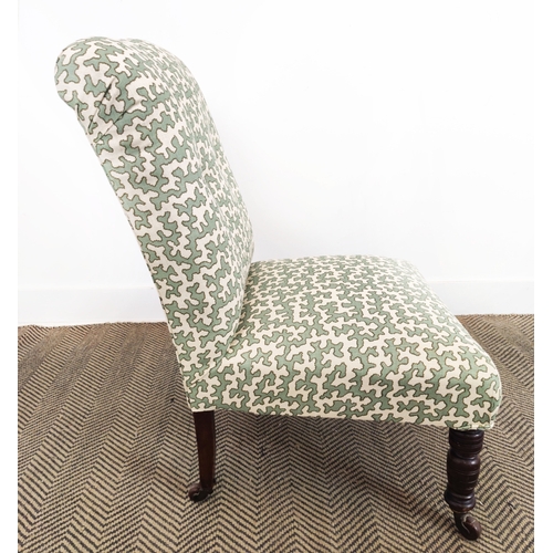 125 - SLIPPER CHAIR, Victorian in green patterned Colefax and Fowler fabric on ceramic castors, 80cm H x 5... 