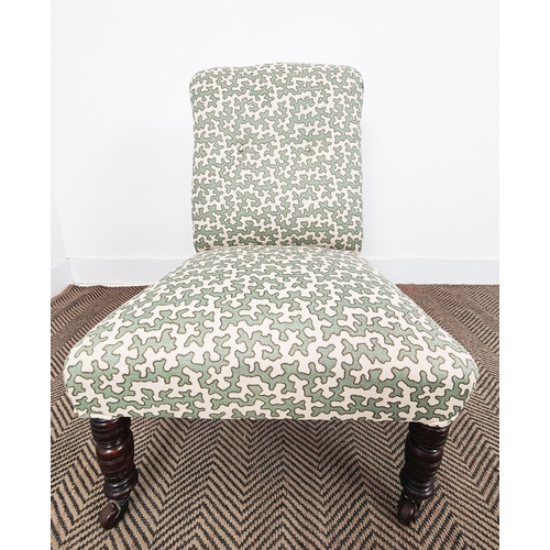 125 - SLIPPER CHAIR, Victorian in green patterned Colefax and Fowler fabric on ceramic castors, 80cm H x 5... 