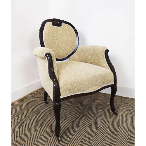 127 - ARMCHAIR, Edwardian mahogany, in patterned cream chenille on ceramic castors, 90cm H x 65cm W x 67cm... 