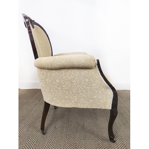 127 - ARMCHAIR, Edwardian mahogany, in patterned cream chenille on ceramic castors, 90cm H x 65cm W x 67cm... 