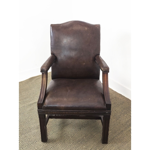 128 - GAINSBOROUGH STYLE ARMCHAIR, Georgian manner in brown leather, 100cm H x 60cm W x 67cm D.