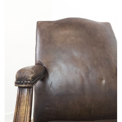 128 - GAINSBOROUGH STYLE ARMCHAIR, Georgian manner in brown leather, 100cm H x 60cm W x 67cm D.