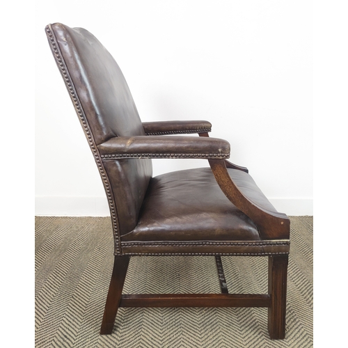 128 - GAINSBOROUGH STYLE ARMCHAIR, Georgian manner in brown leather, 100cm H x 60cm W x 67cm D.