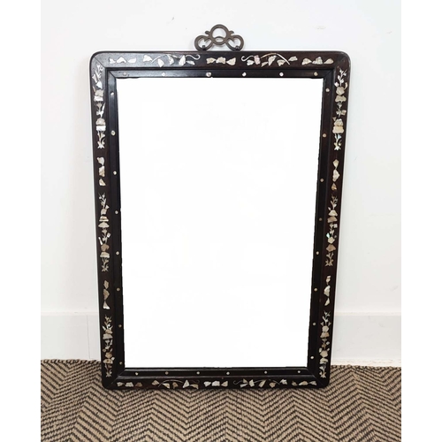 147 - CHINESE WALL MIRROR, hardwood inlaid with mother of pearl, 68cm H x 48cm W.