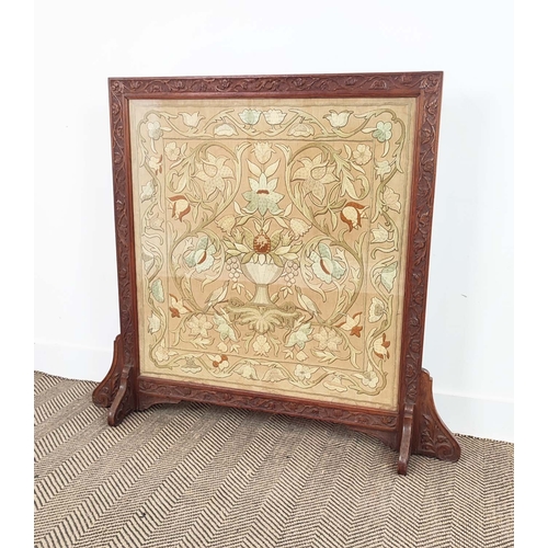 154 - FIRE SCREEN, William Morris manner embroidered panel housed in a carved oak frame, 100cm H x 110cm W... 