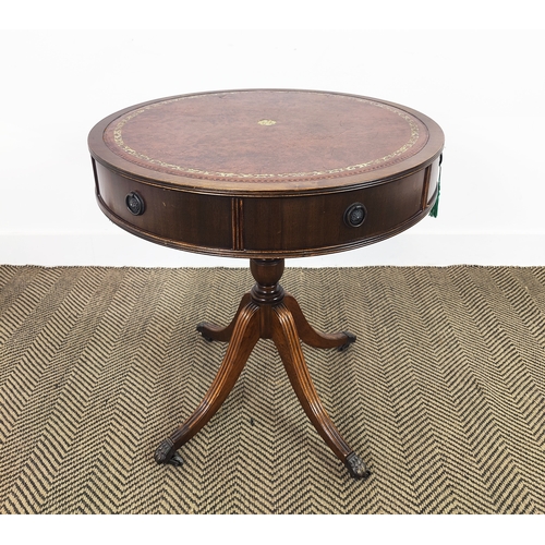 155 - DRUM TABLE, Regency design mahogany with tooled red leather top, 66cm H x 62cm x 62cm.