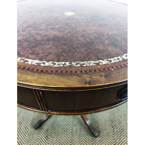 155 - DRUM TABLE, Regency design mahogany with tooled red leather top, 66cm H x 62cm x 62cm.