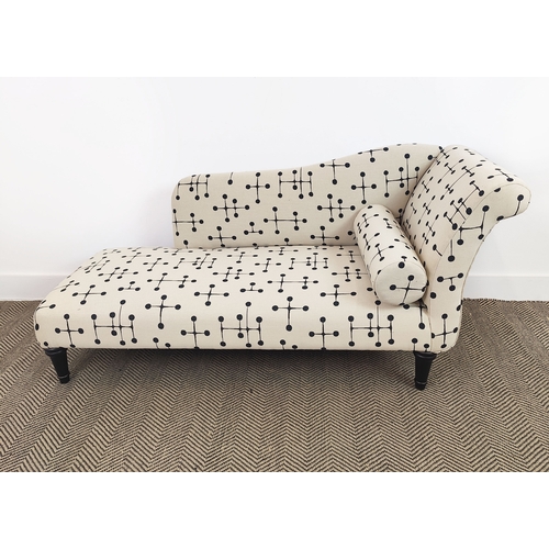 159 - CHAISE LONGUE, ebonised, in Art Deco style cream and black patterned fabric, 70cm H x 147cm W x 58cm... 