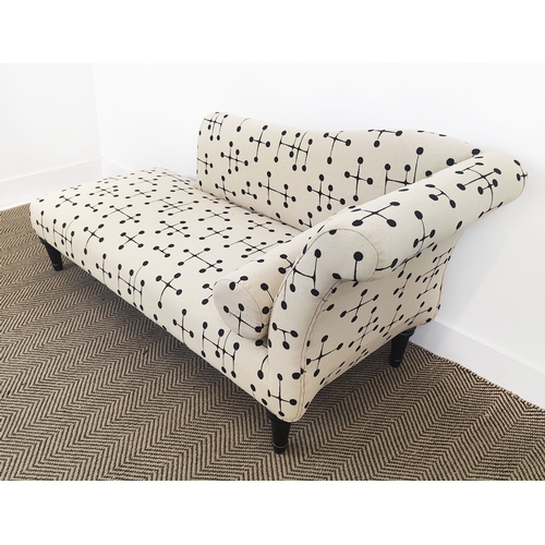 159 - CHAISE LONGUE, ebonised, in Art Deco style cream and black patterned fabric, 70cm H x 147cm W x 58cm... 